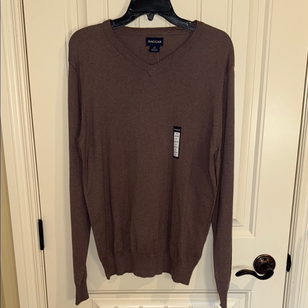 Haggar Men’s V-Neck Sweater Size M | Brown Cotton Cashmere Blend | NWT
